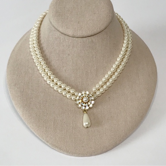 Vintage Signed 6mm Glass Faux Pearl Multi Strand Victorian Necklace Estate Pear - Picture 4 of 14